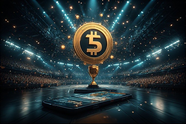 E스포츠 토너먼트 경기장 배경과 고속 데이터 전송을 상징하는 USDT 배팅 인터페이스 이미지